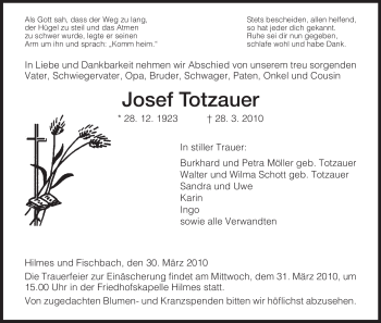 Traueranzeige von Josef Totzauer von HERSFELDER ZEITUNG