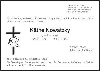 Traueranzeige von Käthe Nowatzky von HERSFELDER ZEITUNG