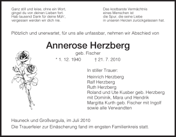 Traueranzeige von Annerose Herzberg von HERSFELDER ZEITUNG