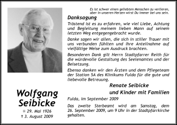 Traueranzeige von Wolfgang Seibicke von HERSFELDER ZEITUNG