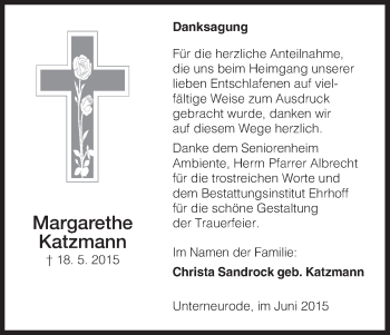 Traueranzeige von Margarethe Katzmann von Hersfeld