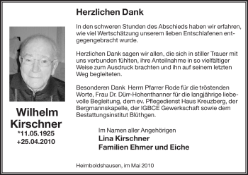 Traueranzeige von Wilhelm Kirschner von HERSFELDER ZEITUNG