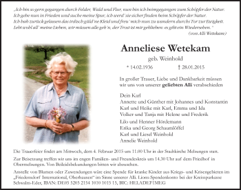 Traueranzeige von Anneliese Wetekam von Hersfeld