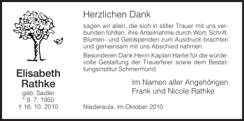 Traueranzeige von Elisabeth Rathke von HERSFELDER ZEITUNG