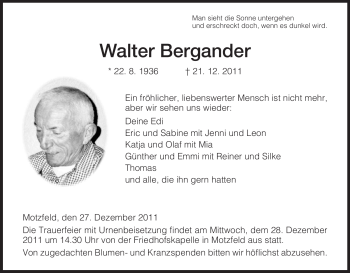 Traueranzeige von Walter Bergander von HERSFELDER ZEITUNG