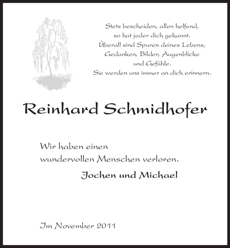  Traueranzeige für Reinhard Schmidhofer vom 26.11.2011 aus HERSFELDER ZEITUNG