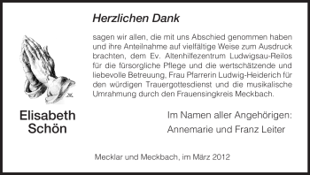 Traueranzeige von Elisabeth Schön von HERSFELDER ZEITUNG