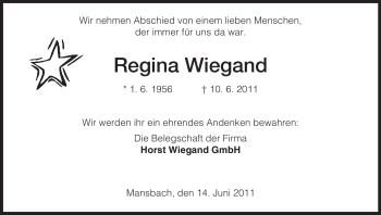 Traueranzeige von Regina Wiegand von HERSFELDER ZEITUNG