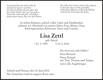Traueranzeige von Lisa Zettl von HERSFELDER ZEITUNG
