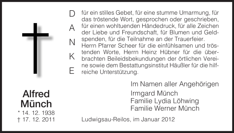  Traueranzeige für Alfred Münch vom 07.01.2012 aus HERSFELDER ZEITUNG