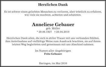 Traueranzeige von Anneliese Gebauer von HERSFELDER ZEITUNG
