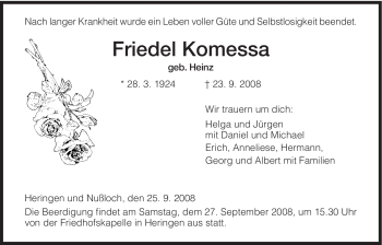 Traueranzeige von Friedel Komessa von HERSFELDER ZEITUNG