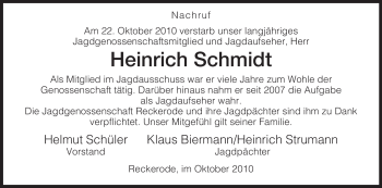 Traueranzeige von Heinrich Schmidt von HERSFELDER ZEITUNG