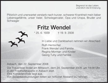 Traueranzeige von Fritz Wendel von HERSFELDER ZEITUNG
