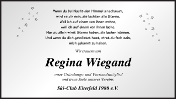 Traueranzeige von Regina Wiegand von HERSFELDER ZEITUNG