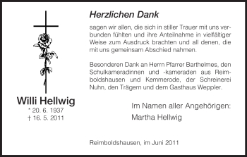 Traueranzeige von Udo Hellwig von HERSFELDER ZEITUNG