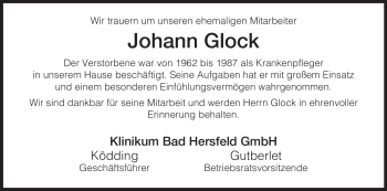 Traueranzeige von Johann Glock von HERSFELDER ZEITUNG