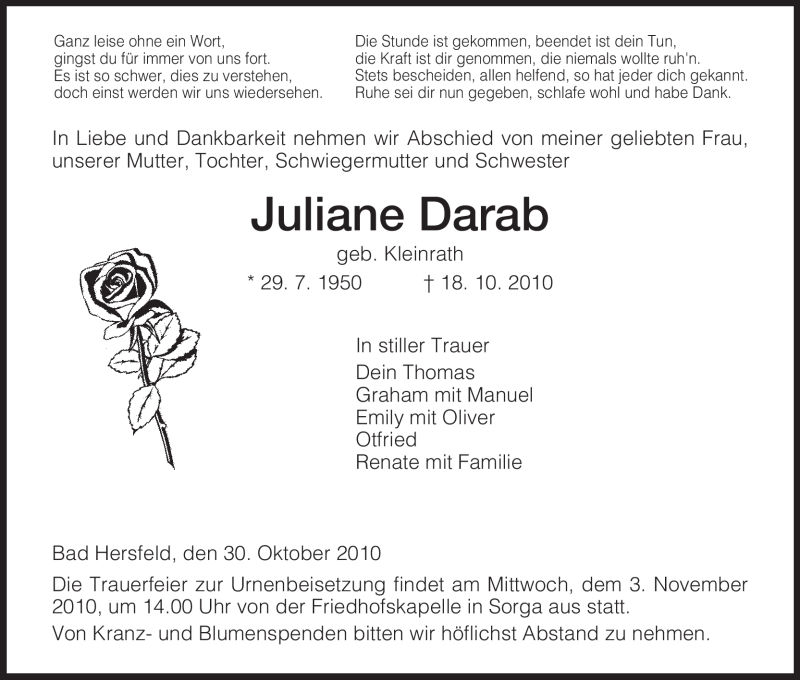  Traueranzeige für Juliane Darab vom 30.10.2010 aus HERSFELDER ZEITUNG