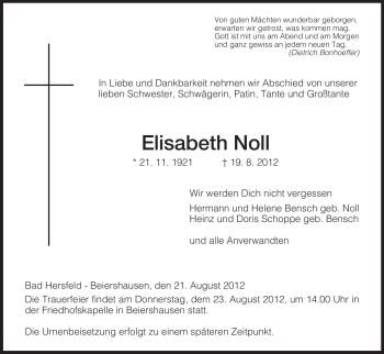 Traueranzeige von Elisabeth Noll von HERSFELDER ZEITUNG