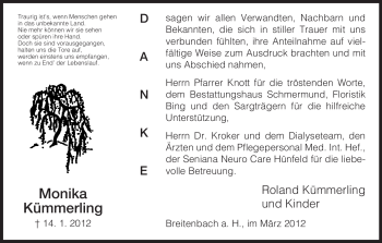 Traueranzeige von Monika Kümmerling von HERSFELDER ZEITUNG