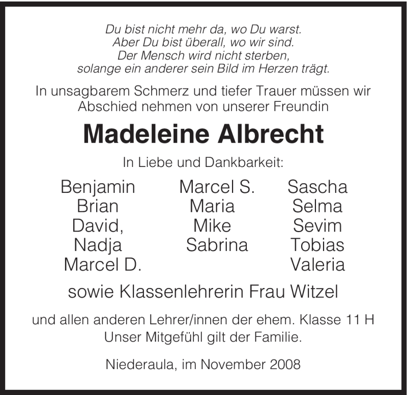  Traueranzeige für Madeleine Albrecht vom 26.11.2008 aus HERSFELDER ZEITUNG
