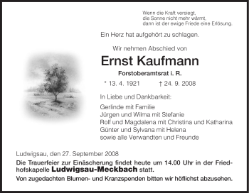 Traueranzeige von Ernst Kaufmann von HERSFELDER ZEITUNG