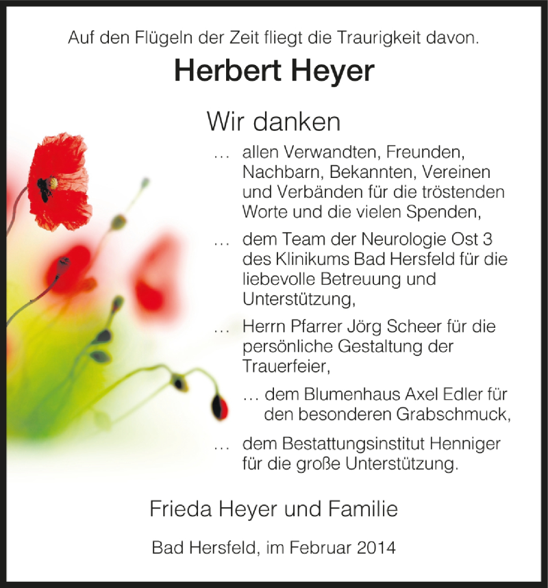  Traueranzeige für Herbert Heyer vom 22.02.2014 aus Hersfelder Zeitung