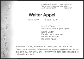 Traueranzeige von Walter Appel von HERSFELDER ZEITUNG