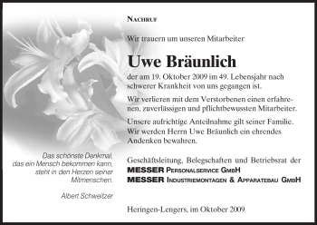 Traueranzeige von Uwe Bräunlich von HERSFELDER ZEITUNG