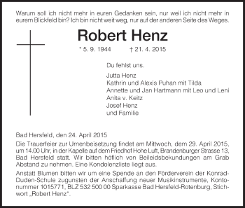 Traueranzeige von Robert Henz von Hersfeld