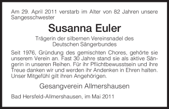 Traueranzeige von Susanna Euler von HERSFELDER ZEITUNG