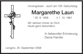 Traueranzeige von Margarethe Laun von HERSFELDER ZEITUNG