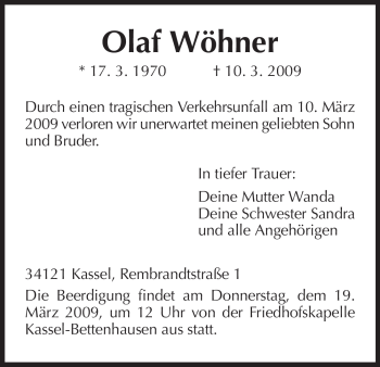 Traueranzeige von Olaf Wöhner von HERSFELDER ZEITUNG
