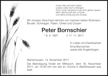 Traueranzeige von Peter Bornschier von HERSFELDER ZEITUNG