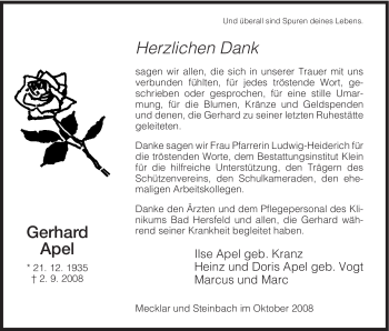 Traueranzeige von Gerhard Apel von HERSFELDER ZEITUNG