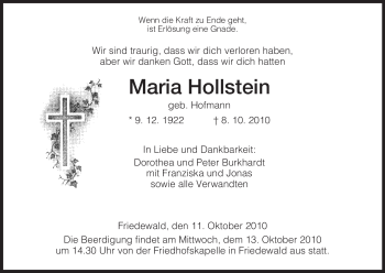 Traueranzeige von Maria Hollstein von HERSFELDER ZEITUNG