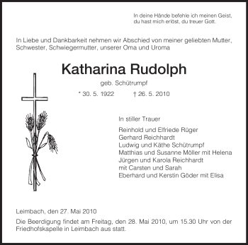 Traueranzeige von Katharina Rudolph von HERSFELDER ZEITUNG