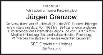 Traueranzeige von Jürgen Granzow von HERSFELDER ZEITUNG