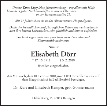 Traueranzeige von Elisabeth Dörr von HERSFELDER ZEITUNG