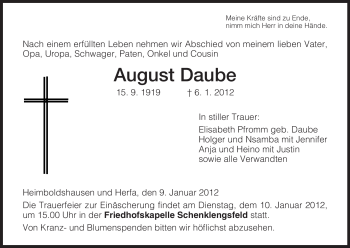 Traueranzeige von August Daube von HERSFELDER ZEITUNG