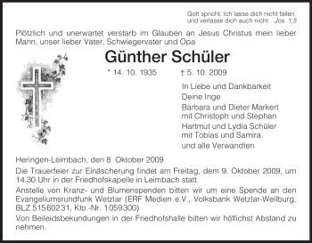 Traueranzeige von Günther Schüler von HERSFELDER ZEITUNG
