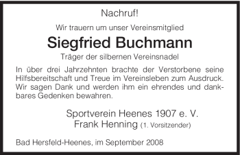 Traueranzeige von Siegried Buchmann von HERSFELDER ZEITUNG