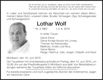 Traueranzeige von Lothar Wolf von Hersfeld