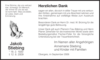 Traueranzeige von Jakob Stiebing von HERSFELDER ZEITUNG