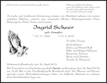 Traueranzeige von Ingrid Scheer von Hersfeld