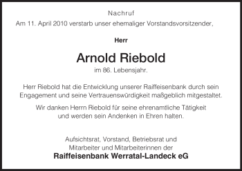 Traueranzeige von Arnold Riebold von HERSFELDER ZEITUNG