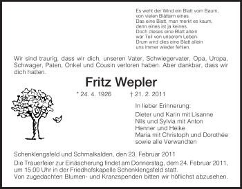 Traueranzeige von Fritz Wepler von HERSFELDER ZEITUNG