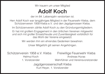 Traueranzeige von Adolf Koch von HERSFELDER ZEITUNG