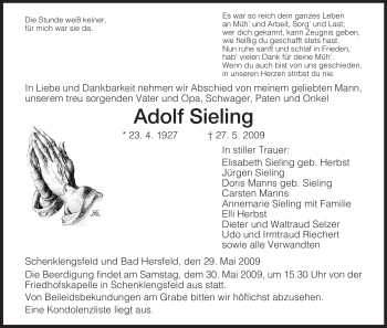 Traueranzeige von Adolf Sieling von HERSFELDER ZEITUNG