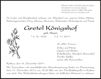 Traueranzeige von Gretel Königshof von HERSFELDER ZEITUNG